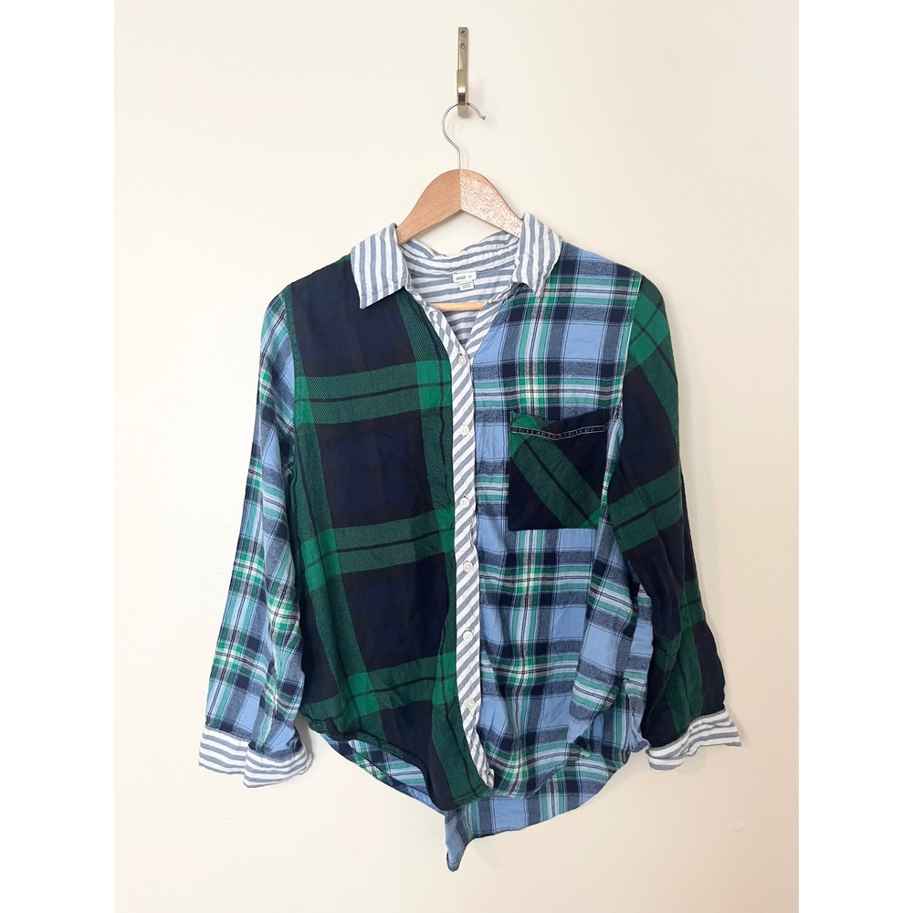 Aerie Plaid Patchwork Button Up Shirt Long Sleeve Blue Green Navy Women's SM